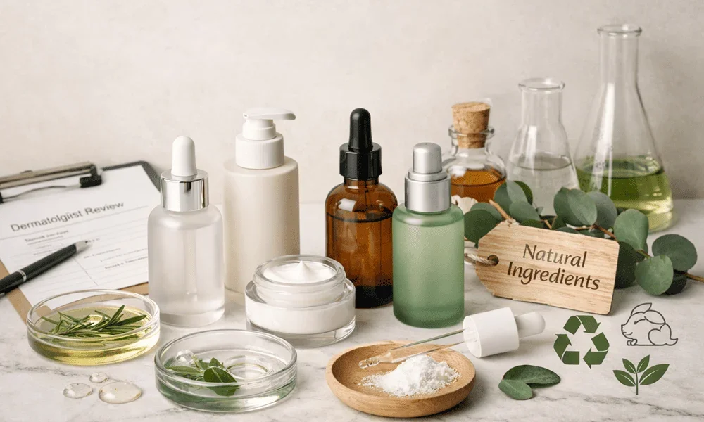 Assortment of natural skincare products including bottles and jars on a table with a clipboard and eco-friendly labels, emphasizing natural ingredients.
